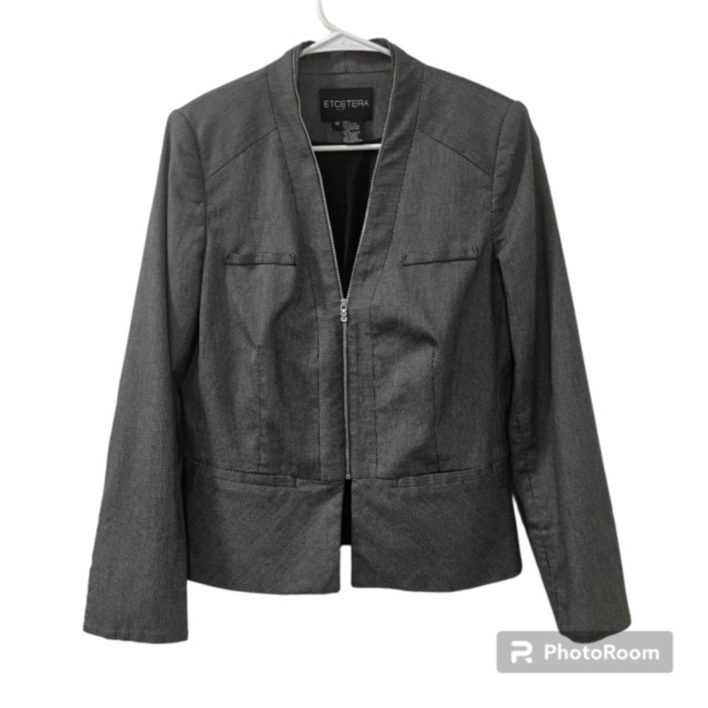 Etcetera Womens Black Gray Full Zip Long Sleeve Peplum Padded Blazer Size 10